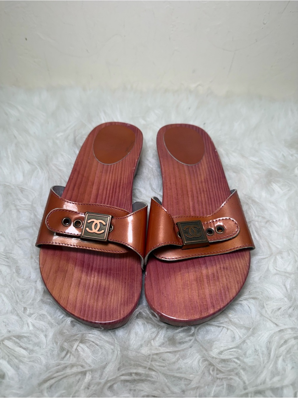 CHANEL Brown Leather Slide Sandals with CC Buckle